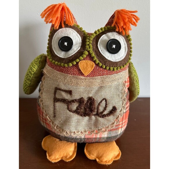 FALL FEST ORANGE FABRIC PLAID OWL 10" WITH WEIGHTED BOTTOM - Picture 1 of 4